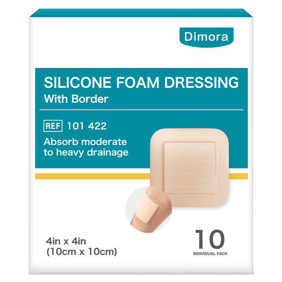 Dimora Silicone Foam Dressing with Border, 4"x4" Waterproof Adhesive Bandages for Bed Sore & Wound Care, FSA & HSA Eligible, 10 Pack
