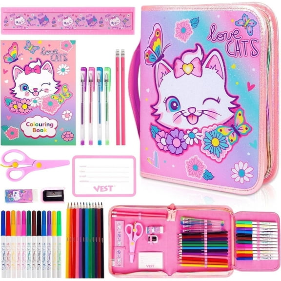YOYTOO Cat Marker Sets for Kids, Art Supplies Craft Drawing Kits Stationary Set Markers Coloring Book with Pencils Case for Girls