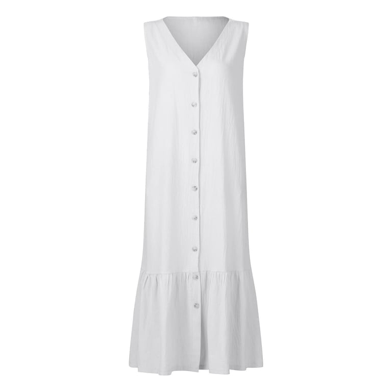 Ruimatai Women's Cotton Linen Dress V-Neck Sleeveless Button Down Casual  Summer Dress Soft Breathable Comfortable Party Wear S-XXXL - Walmart.com