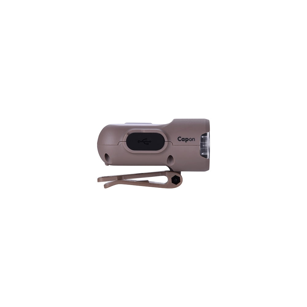 Claymore Capon 120H (Tan) - LED Rechargeable Clip-On Cap Headlamp, Lightweight Hat Light for Camping, Running, Hiking, Emergency & Industrial Use, Waterproof, USB-C, Up to 45 Hours of Battery Life.