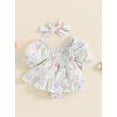 thumbnail image 4 of Suagox Baby Girls Floral Romper Dress Short Puff Sleeve Shirred Jumpsuit with Bow Headband for 0-18 Months Baby, 4 of 10