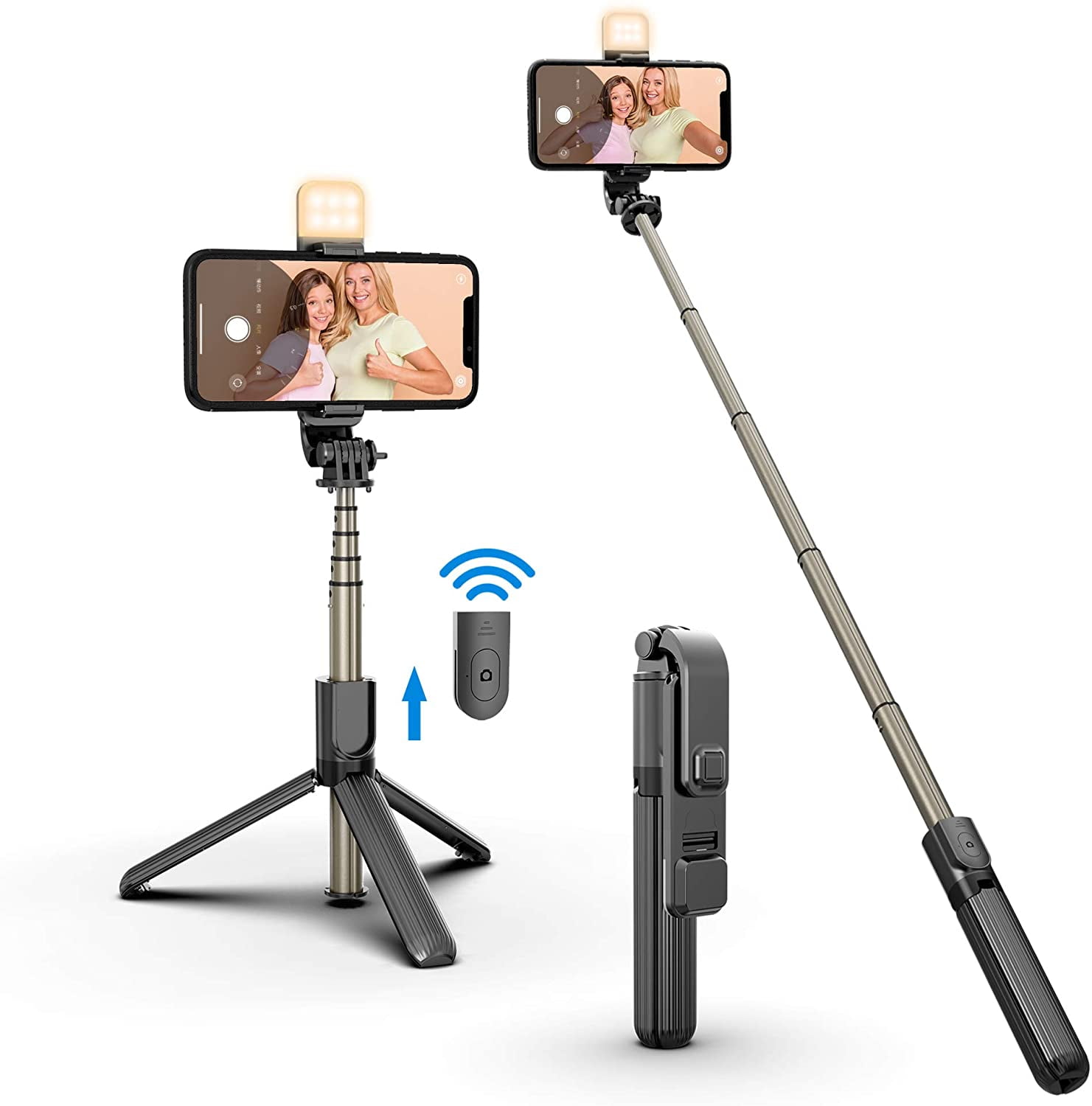 Black Mini Phone Tripod Stand & Extendable Selfie Stick Tripod Portable Travel Tripod Camera Holder with Bluetooth Remote and Universal Smartphone Mount for I Phone Android Phone,Camera 
