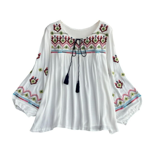 Tops bordados para mujer, ropa, jersey, camisa, versátil, elegante, suelto Blanco