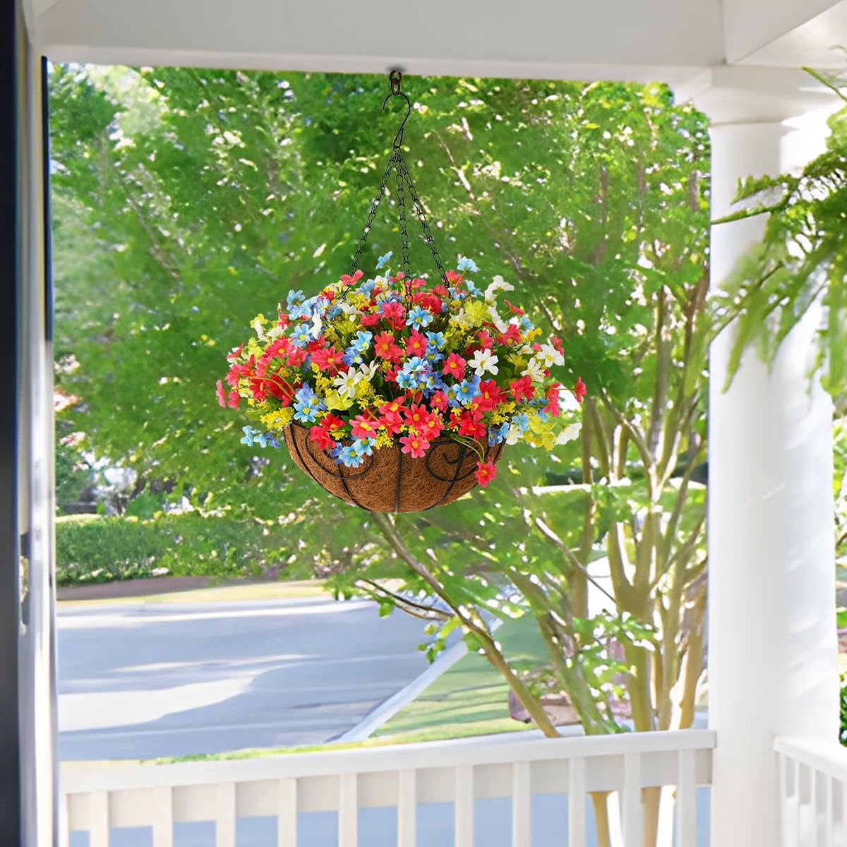 Artificial Hanging Flowers in Basket,Fake Daisy Plants Arrangement,inch Coconut Lining Basket Hanging Plant,Outdoor Indoor Patio Lawn Garden Porch Spring Decor (Dark Purple)