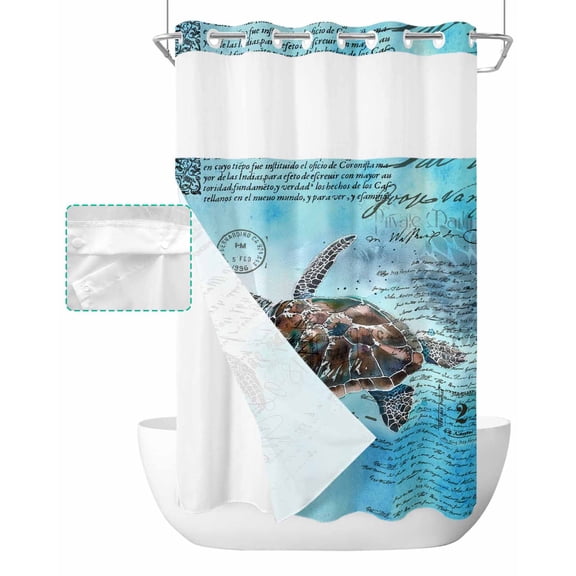 No Hook Shower Curtain with Snap in Liner, Summer Retro Turtle Hand Painting Blue Hotel Shower Curtains for Bathroom, Washable Shower Curtain Liner Set with Mesh Top Window, 54"x78"