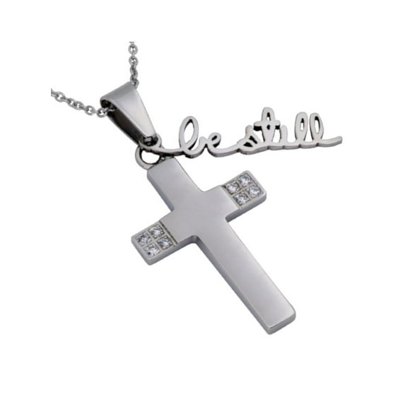 Psalms 46:10 BE STILL Cursive Christian Cross Necklace, Stainless Steel Chain