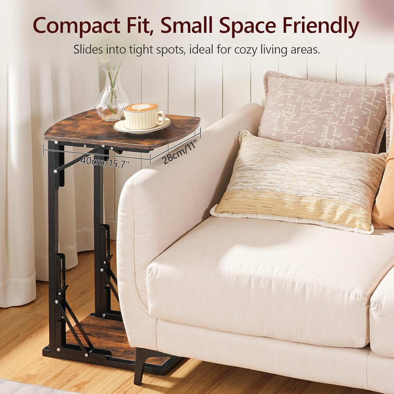 Folding C Shaped End Table, Adjustable Small Sofa Side Laptop Desk, Foldable Couch TV Tray Table for Small Spaces, Living Room, Bedroom, Rustic Brown ETHR4101