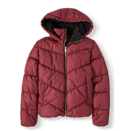 Pink Platinum Juniors' Quilt Puffer with Sherpa Hood