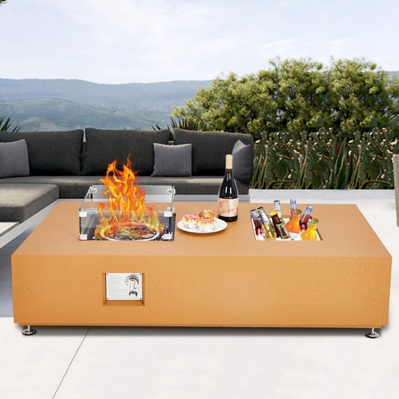 56" Propane Fire Pit Table with Ice Bucket - 50000 BTU, 13" Square Drink Cooler, Wind Guard, Fire Glass Beads, for Patio & Garden