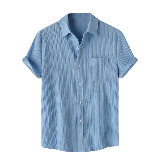 Men Casual Solid Turndown Short Sleeve Button Closure Shirt Hawaii Blouse