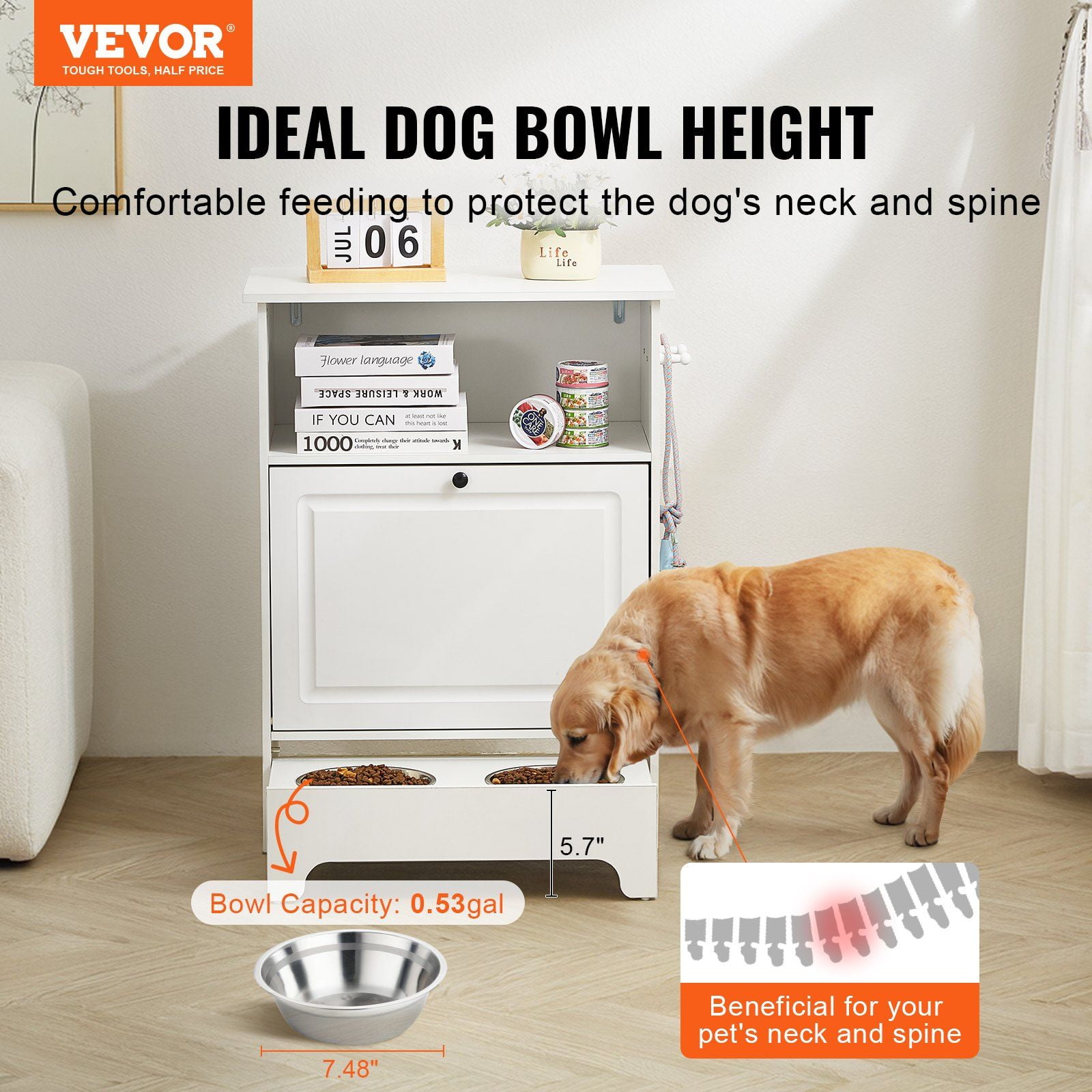 Elevated Pet Feeding Station with 2 Stainless Steel Bowls, Storage Cabinet, Tilt-Out Food Drawer, Toy Organizer, Ergonomic Dog Feeder for Small Dogs