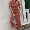 thumbnail image 2 of Plebaso Womens Short Sleeve Round Neck Jumpsuit Spring Summer Solid Color Lace-up Romper Ladies Casual Long Pants, 2 of 5