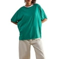 thumbnail image 1 of EYIIYE T-Shirt de Mode pour Femmes Manches Courtes Col Rond Couleur Unie Ample Décontracté Basique Tunique d'Été Surdimensionnée Blouses Mode Urbaine, 1 of 5