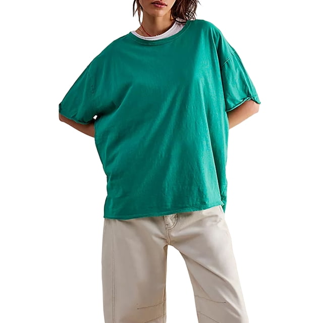 EYIIYE T-Shirt de Mode pour Femmes Manches Courtes Col Rond Couleur Unie Ample Décontracté Basique Tunique d'Été Surdimensionnée Blouses Mode Urbaine