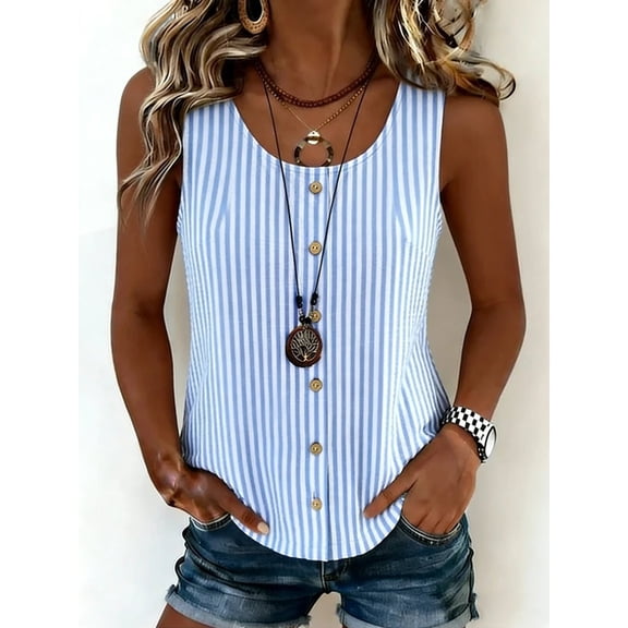 Craaazy Women's Plus Size Casual Tops Loose Fit Striped Round Neck Button Front Curved Hem Sleeveless Cotton Linen Tank Tops for Summer Daily Wear Gift