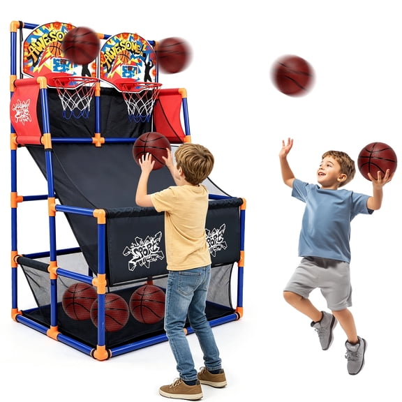 Kids Dual Arcade Basketball Game Set with LED Lights, Electronic Score Counter, Adjustable Height, Indoor Outdoor Basketball Hoop Arcade Toy for Boys Girls Aged 3-8
