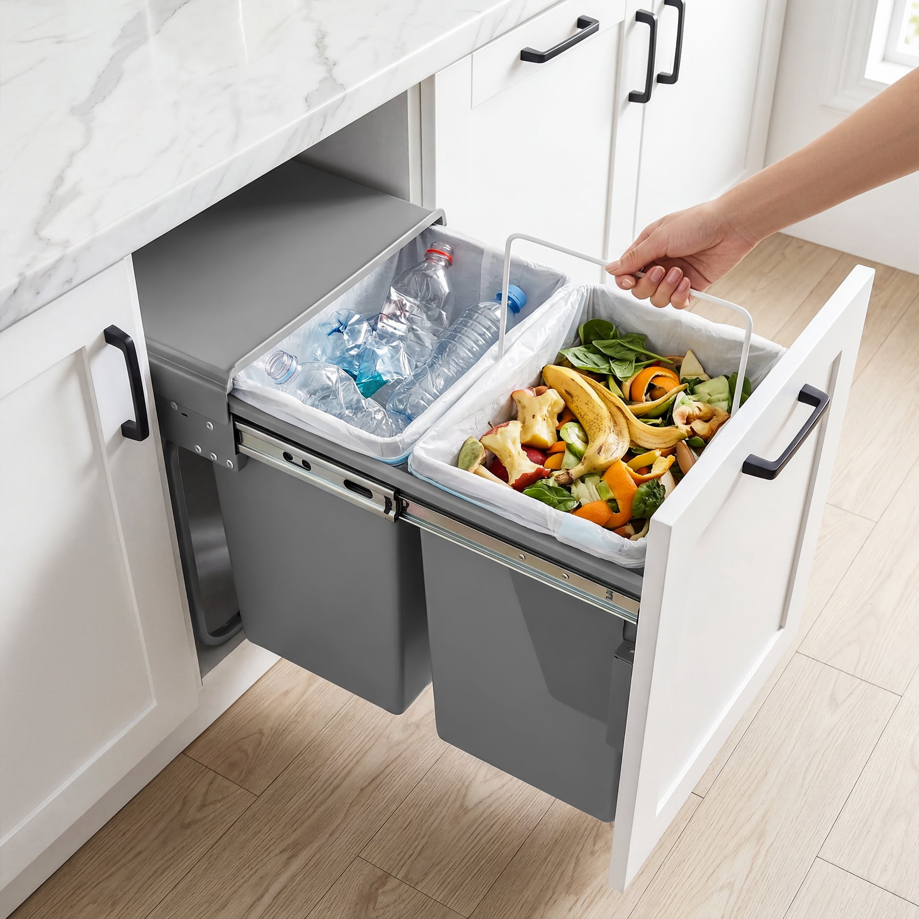 Fnova 44 Qt Double Pull Out Under Kitchen Cabinet Trash Can, Soft-Close Slides Under Sink Garbage Waste Recycling Bin, Holder Storage Drawer Waste Bin with Lid for Cabinet, Gray