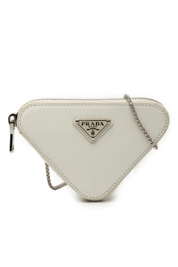 Pre-Owned Prada Triangle Logo Plate Chain Shoulder Bag Pouch 1NR005 White Leather... (Good)