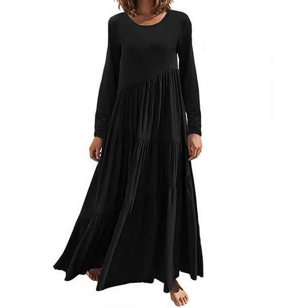 Women's Boat Neck Ruffle Hem A Line Maxi Dress Long Sleeve Shirred