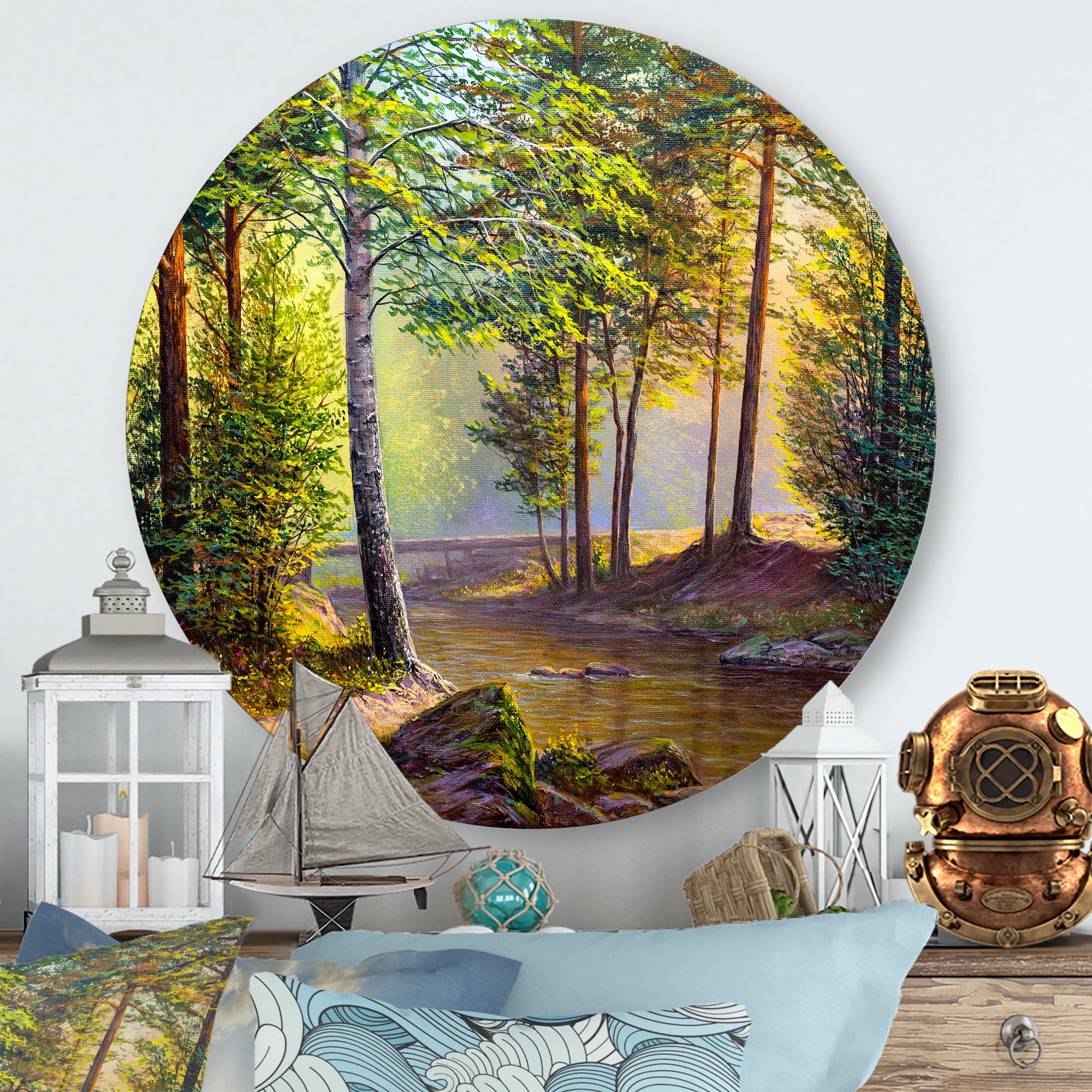 Designart 'Sunrise Glow Through The Awakening Fir Forest' Traditional Circle Metal Wall Art 23x23 - Disc of 23
