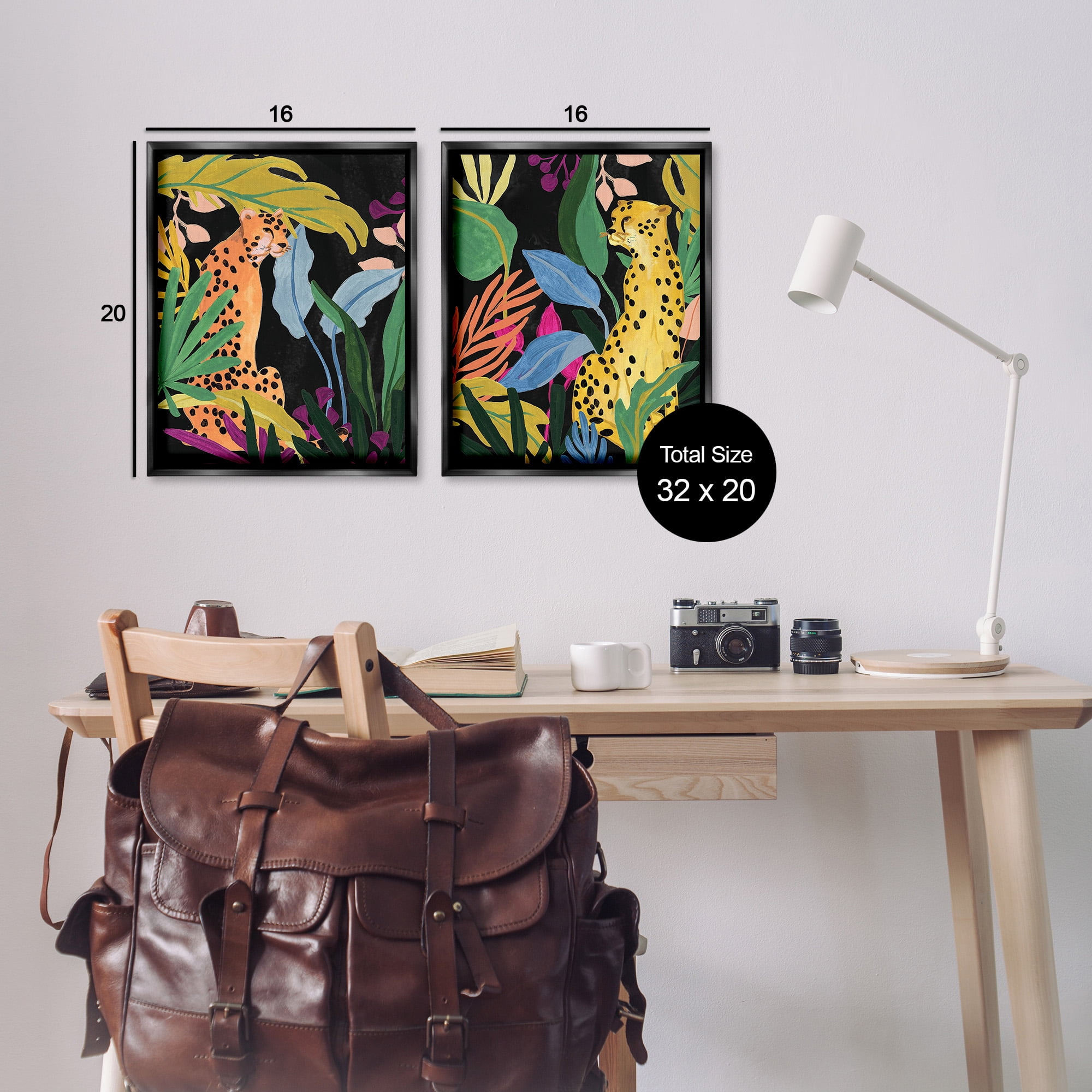 Stupell Industries Leopards & Tropical Leaves Animals & Insects Painting Black Floater Framed Canvas Art Print Wall Art, 17 x 21, Set of 2