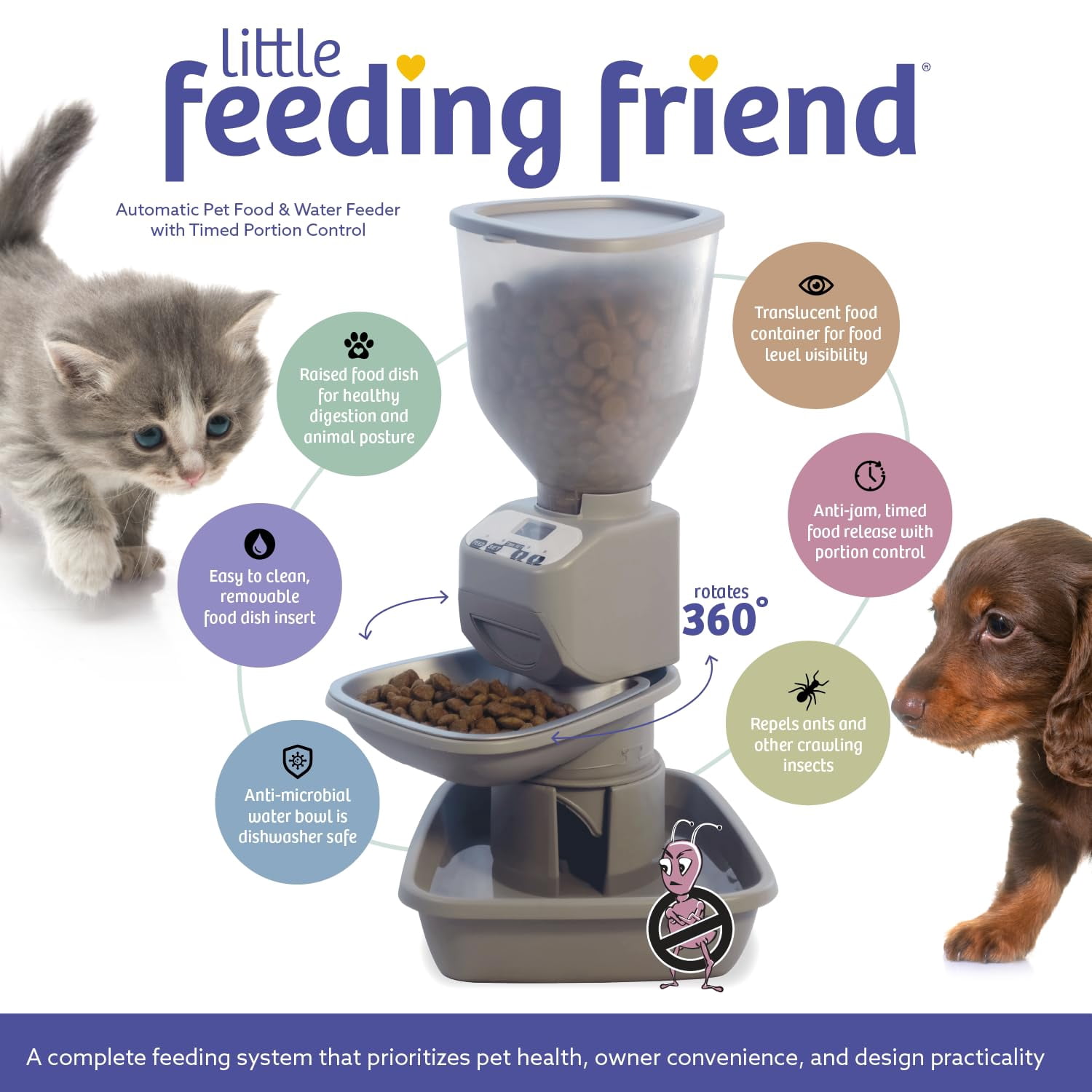 Feeding Friend® Automatic Dog & Cat Food Feeder with Water Dispenser –Smart Pet Feeder with Portion Control,OLED Display, Anti Jam Design, Battery Operated Dispenser for Small - (XS)  Pets 4-15 Taupe