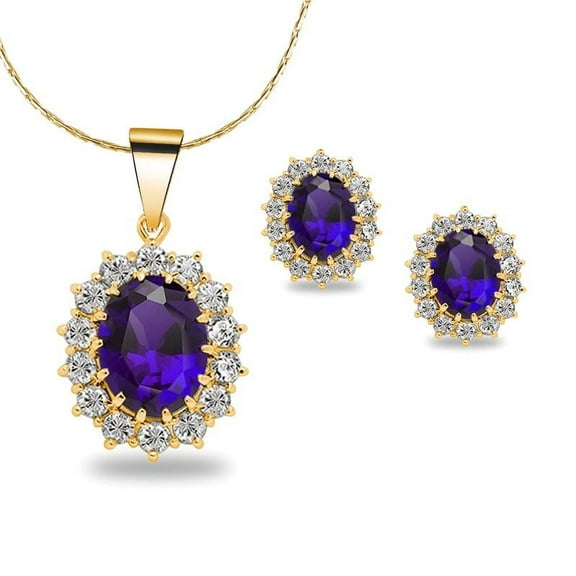 18K Yellow Gold Created Amethyst Round 3 Carat Oval Necklace Plated 18 inch