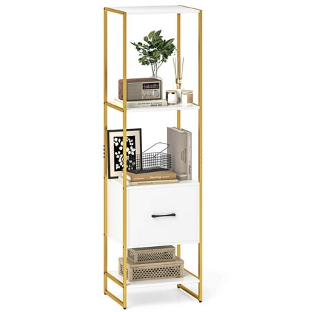 Costway 5-Tier Bookshelf with 4 Open Shelves Storage Drawer Modern Book Storage Organizer White