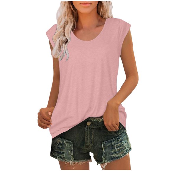 Scyoekwg Women's Tank Tops Crew Neck Basic Tank Tops Ladies Tops Solid Color Comfy Sling Shirts Sleeveless Tops Summer Loose Casual Blouses (Pink,L)