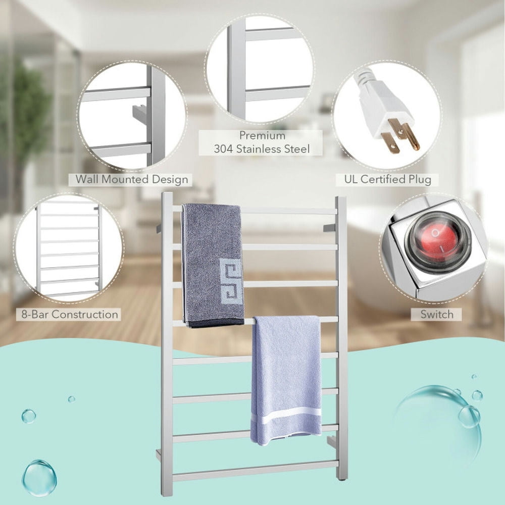 Finihen Wall Mounted Towel Rack, Electric Heated Towel Rack, 145W Electric Towel Warmer Wall Mounted Heated Drying Rack 8 Square Bars, for Bathroom, laundry Room, Silver