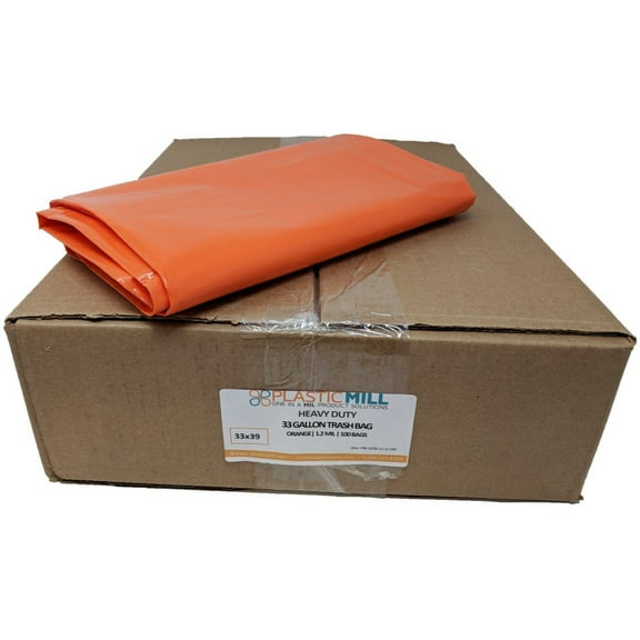 PlasticMill 33 Gallon, Orange, 1.2 MIL, 33x39, 100 Bags/Case, Garbage Bags / Trash Can Liners.
