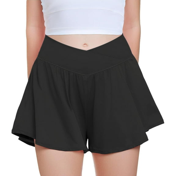 Flowy Athletic Shorts, Audhol Ladies' Butterfly Shorts with Pocket Sports Shorts 2 in 1 Elegant Running Shorts Casual Shorts 2 in 1 Running Shorts for Women Black L