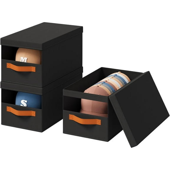 Hat Organizer for Baseball Caps - 3 Pack Stackable Foldable Protective Hat Storage Box with Clear Window Baseball cap organizer for Closet, Bedroom, Rv, Black