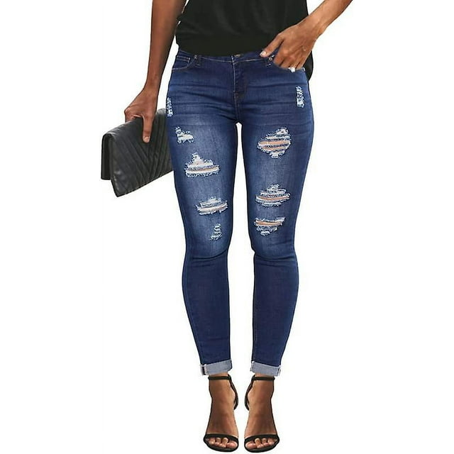 Women's Ripped Mid Waisted Loose Fit Distressed Stretchy Denim Pants