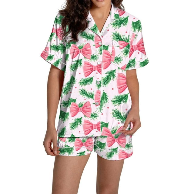 Pyjama pour Femmes en Satin de Soie à Imprimé Graphique, Mignon, Tenue de Nuit, Boutons, Hauts à Manches Courtes, Ensembles de Shorts
