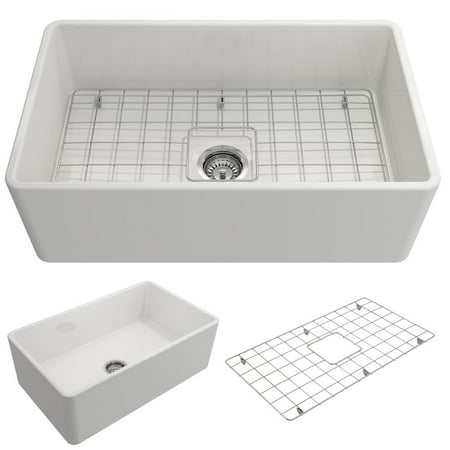 BOCCHI Classico Farmhouse Apron Front Fireclay 30 in. Single Bowl Kitchen Sink with Protective Bottom Grid and Strainer in (Best Farmhouse Kitchen Sinks)