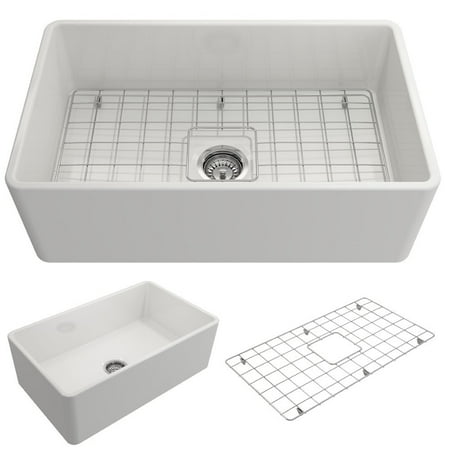 BOCCHI Classico Farmhouse Apron Front Fireclay 30 in. Single Bowl Kitchen Sink with Protective Bottom Grid and Strainer in (Best White Kitchen Sink)