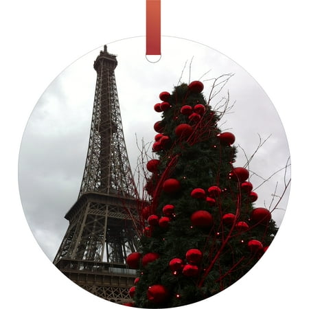 Eiffel Tower Christmas Tree Ornament Eiffel Tower Christmas - TM Flat Round-Shaped Aluminum Hanging Holiday Tree Ornament Made in the U.S.A. ()