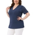 thumbnail image 4 of Agnes Orinda Women's Plus Size V Neck Short Sleeve Elegant Lace Ribbed Knit Summer Tunic Blouse 1X Navy Blue, 4 of 6
