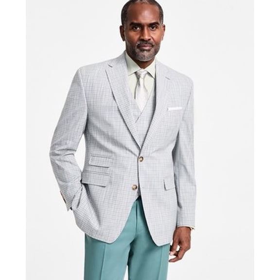 Tayion Collection Regular-Fit Suit Jacket Men's 42S Grey Green Plaid Long Sleeve