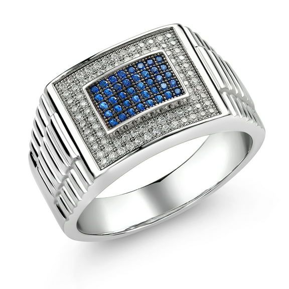 Gem Stone King 0.76 Cttw White Moissanite and Blue Created Sapphire Ring for Men | 925 Sterling Silver | Size 12