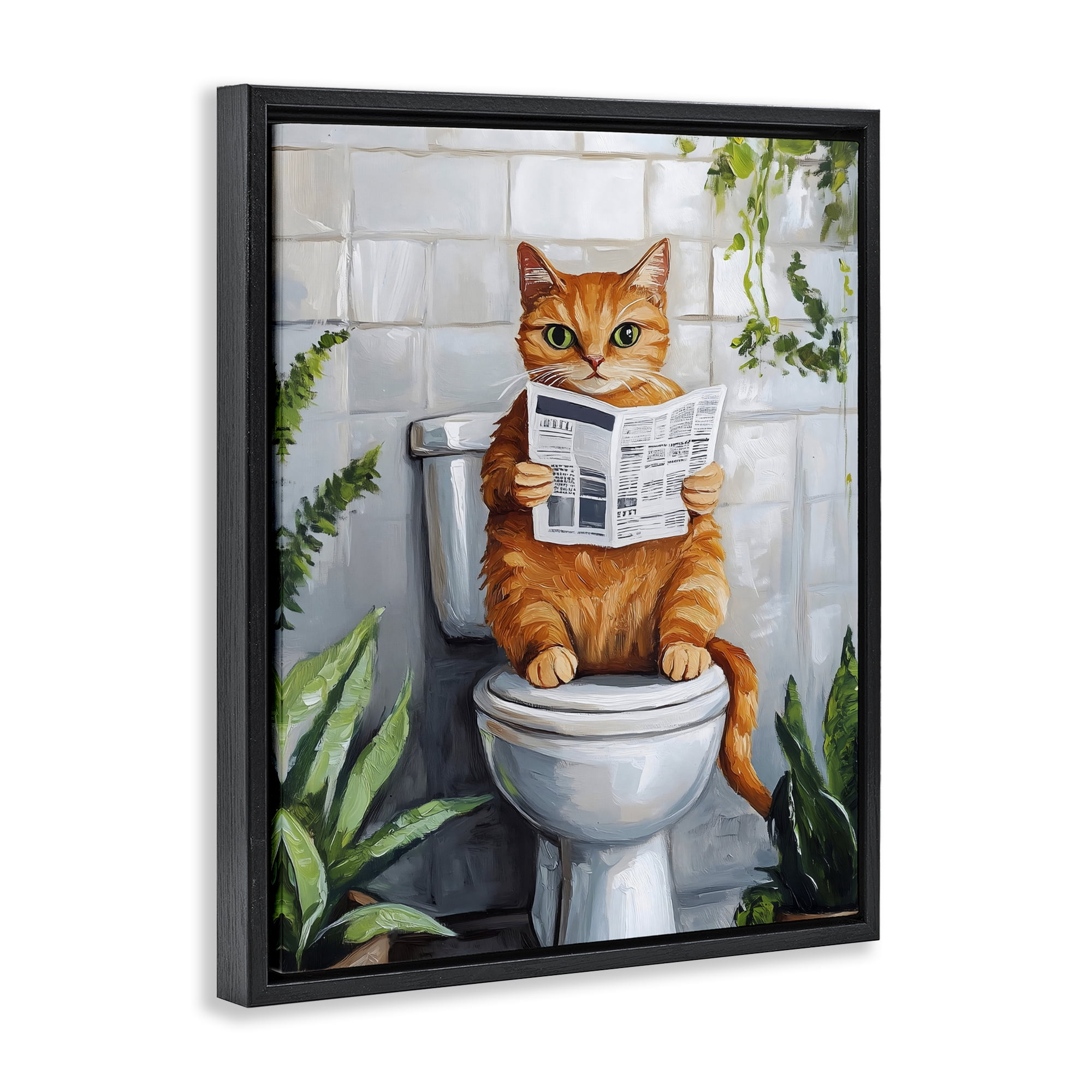 Stupell Industries Orange Cat Reading Paper Black Framed Floater Canvas Wall Art, design by The Prints Vibe
