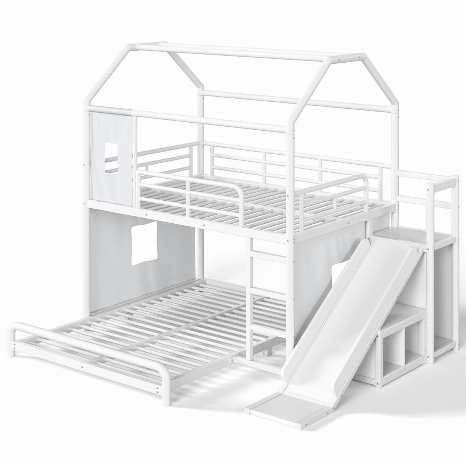 Full Over Full Metal Bunk Bed with Slide, Ladder, LED Light, Privacy Curtain and Movable Storage Cabinet, House-Shaped Kids Bunk Bed with Hanging Rod, No Box Spring Required