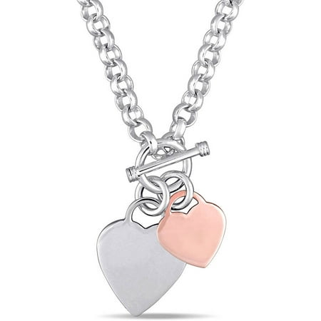 Two-Tone White and Pink-Rhodium Plated Sterling Silver Heart Charm Necklace, 18
