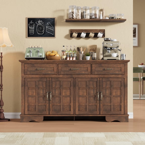 Sideboard Buffet Cabinet with 4 Doors & 3 Drawers | Farmhouse Storage Cabinet, for Dining Room, Kitchen, Living Room, Wood Coffee Bar
