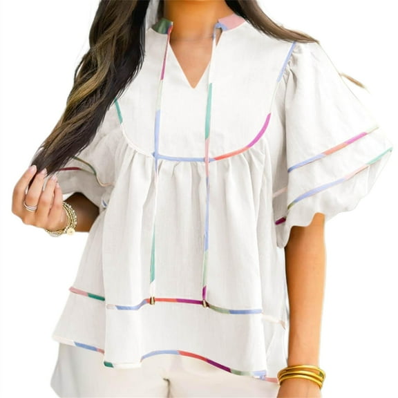 Summer Short Sleeved V-neck Flowy Blouses Casual Loose Oversize Peplum Tops