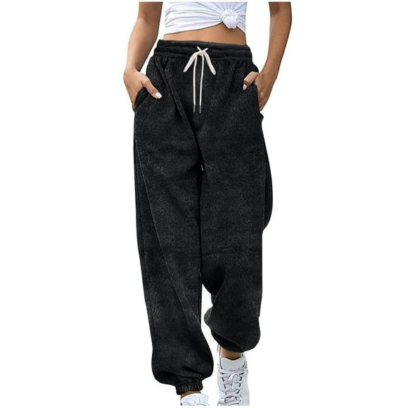 Besolor Womens Fleece Fuzzy Sweatpants Cozy Elastic Waist Drawstring Workout Lounge Trouser with Pockets