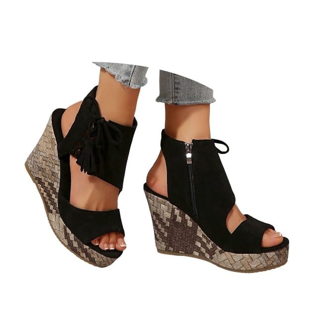 IUJSOY Womens Wedge Sandals Open Toe Lace up Side Zipper Platform Sandals Hollow Out High Heels