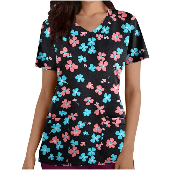 Otvok Womens Work Uniform,Nurse Uniforms Scrub Tops for Women Valentine's Day Print Short Sleeve V-Neck Blouses with Pockets