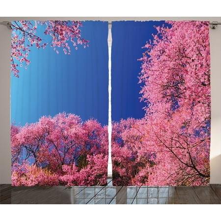 Country Blue Bedroom Nature Curtains 2 Panels Set, Cherry Blossom with Clear Sky Sunny Day View Country Road Garden Spring Landscape, Living Room Bedroom Decor, Fuchsia Blue, by Ambesonne ()